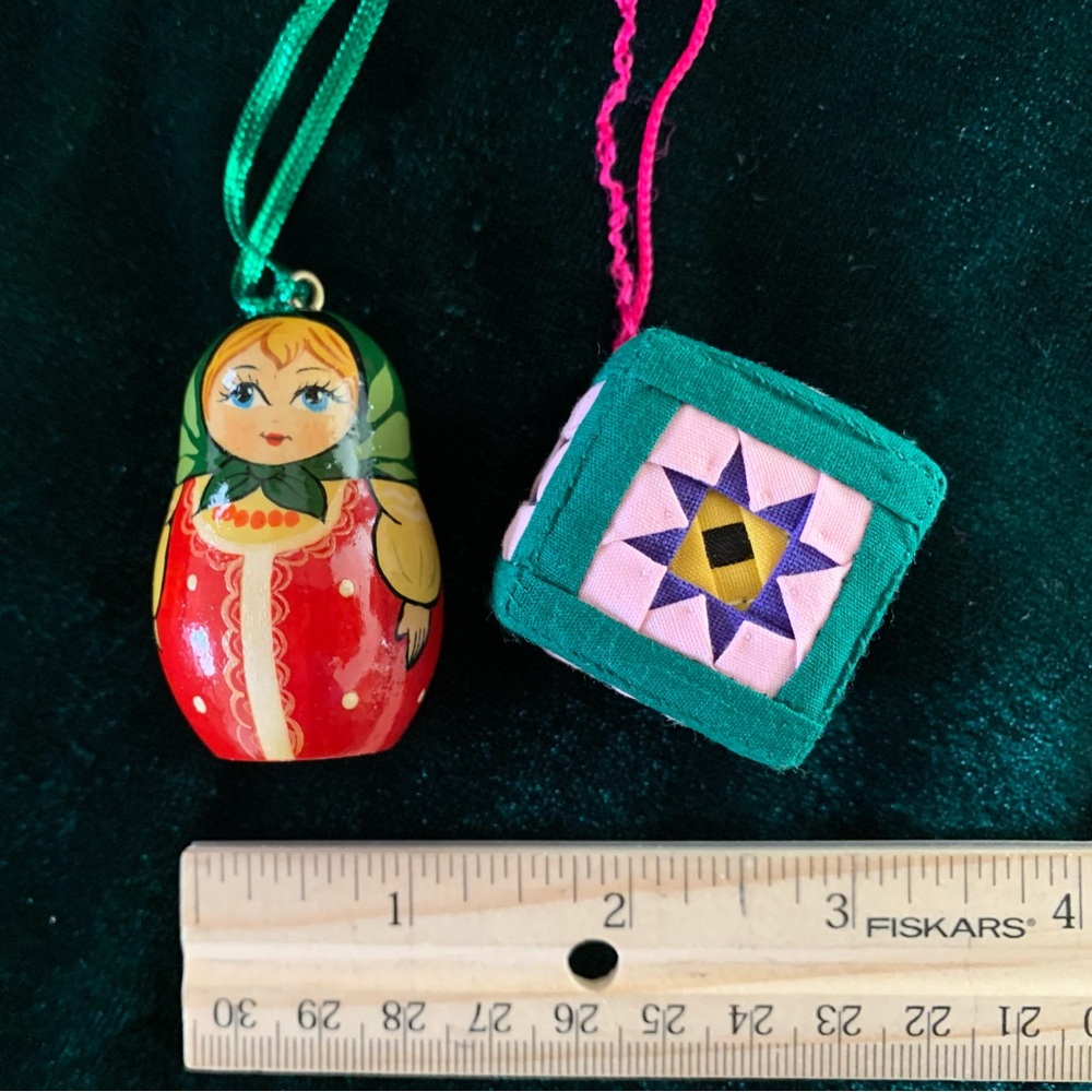 2 Folk Art Ornaments (Quilting Block and Matryoshka Stacking Doll) ~2" - Picture 2 of 6